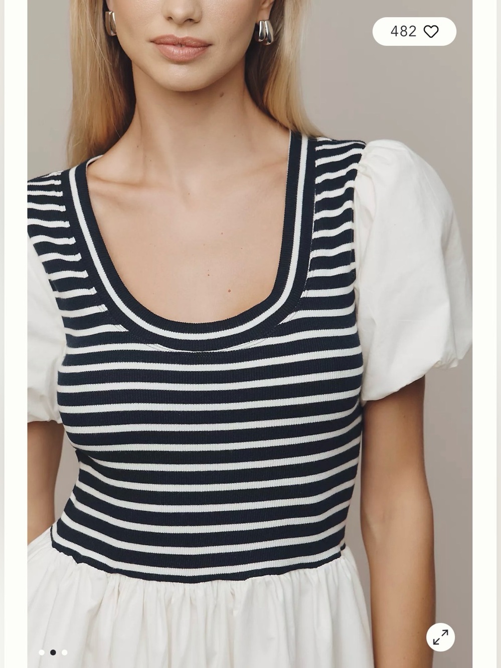 Maeve Striped Bodice Puff-Sleeve Midi Dress in White and Black - Picture 2 of 15
